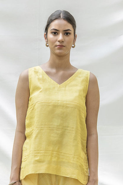 Lemon Yellow Sleeveless Chanderi Silk Top with Pin Tuck Detailing