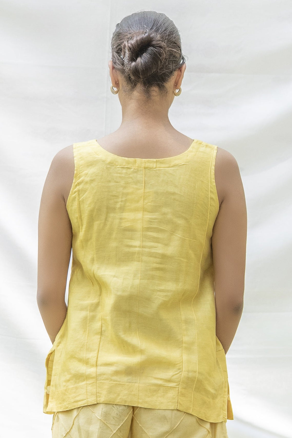 Lemon Yellow Sleeveless Chanderi Silk Top with Pin Tuck Detailing