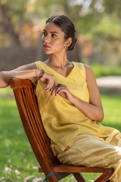Lemon Yellow Sleeveless Chanderi Silk Top with Pin Tuck Detailing