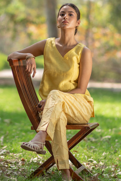 Lemon Yellow Sleeveless Chanderi Silk Top with Pin Tuck Detailing