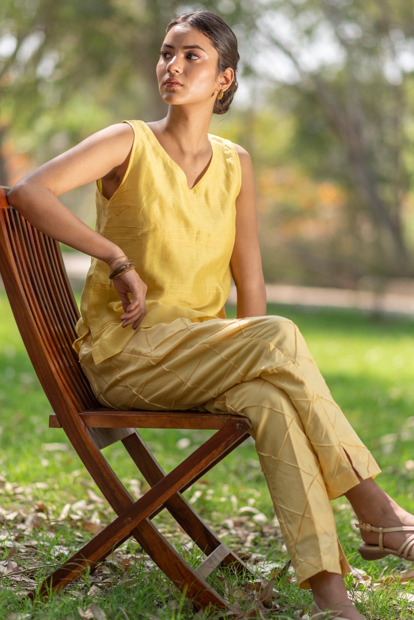 Lemon Yellow Sleeveless Chanderi Silk Top with Pin Tuck Detailing