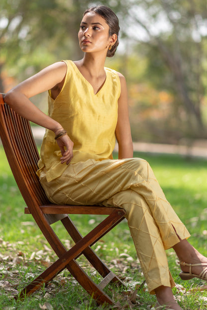 Lemon Yellow Sleeveless Chanderi Silk Top with Pin Tuck Detailing