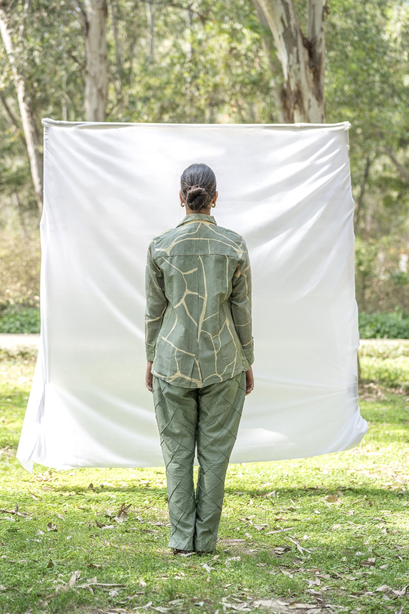 Olive Green Chanderi Silk Co-Ord Set with Yellow Kintsugi Print & Kantha Embroidery