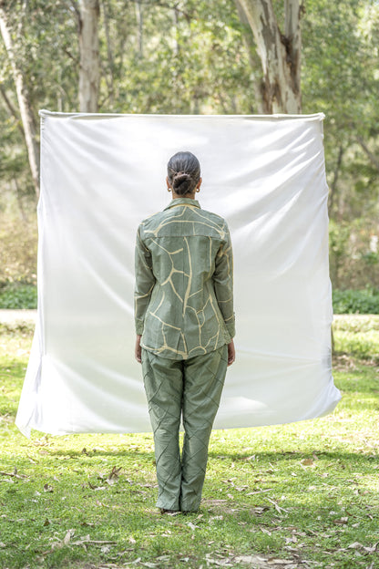Olive Green Chanderi Silk Co-Ord Set with Yellow Kintsugi Print & Kantha Embroidery