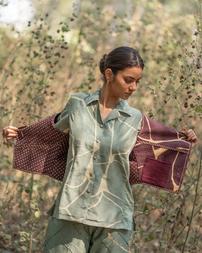 Cocoa Brown Reversible Sleeveless Jacket with Kantha Embroidery in Fusion Silk