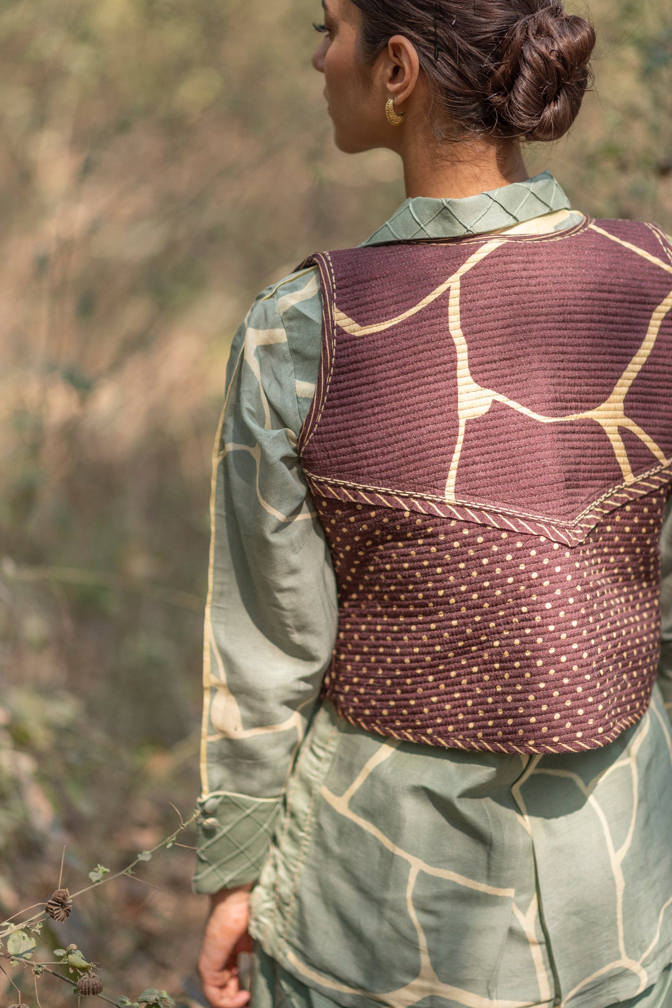 Cocoa Brown Reversible Sleeveless Jacket with Kantha Embroidery in Fusion Silk