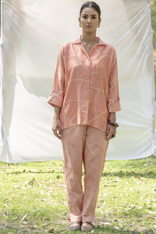 Peach Chanderi Silk Co-Ord Set with Yellow Kintsugi Print & Kantha Embroidery