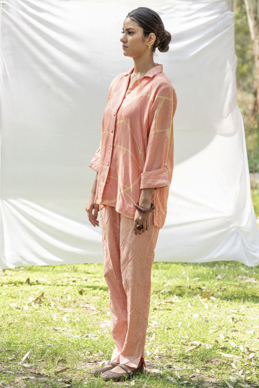Peach Chanderi Silk Co-Ord Set with Yellow Kintsugi Print & Kantha Embroidery