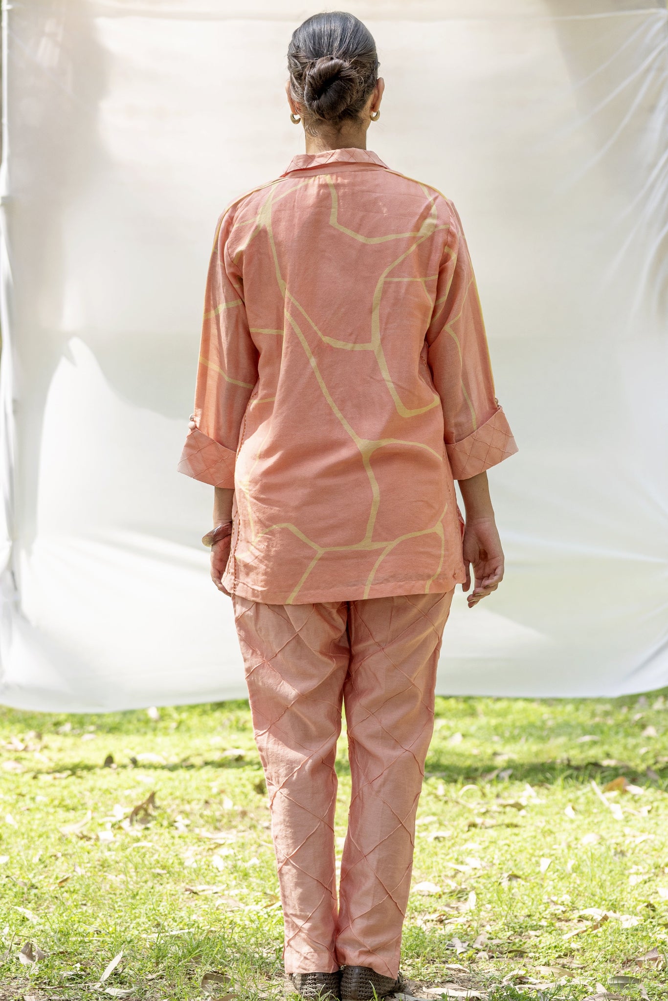 Peach Chanderi Silk Co-Ord Set with Yellow Kintsugi Print & Kantha Embroidery