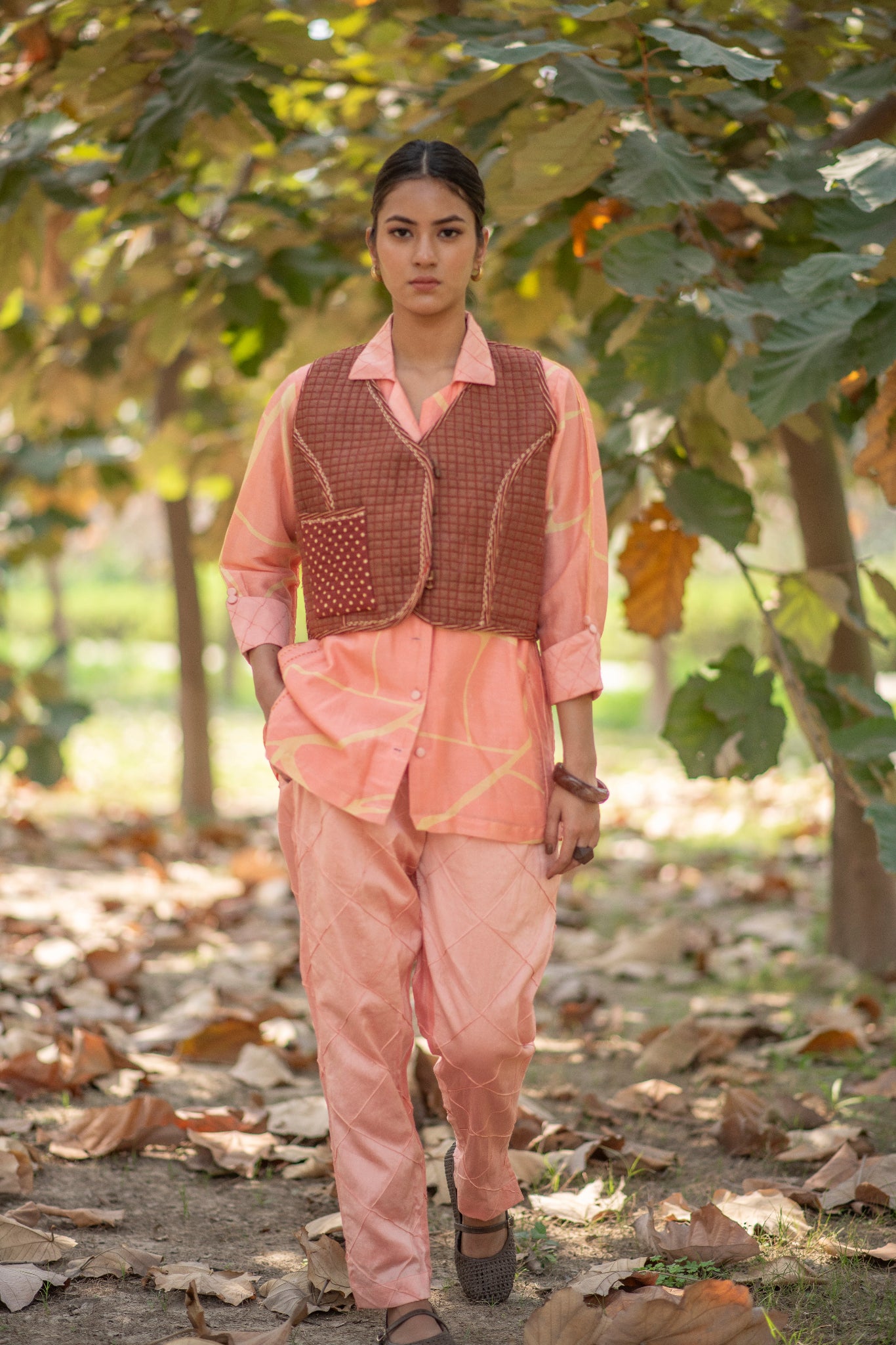Light Brown Reversible Sleeveless Jacket with Kantha Embroidery in Fusion Silk