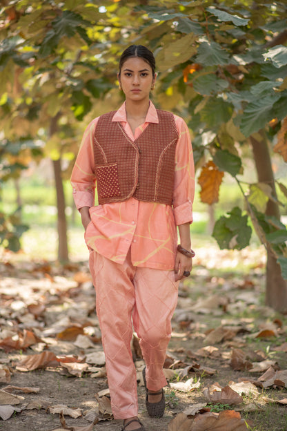 Light Brown Reversible Sleeveless Jacket with Kantha Embroidery in Fusion Silk