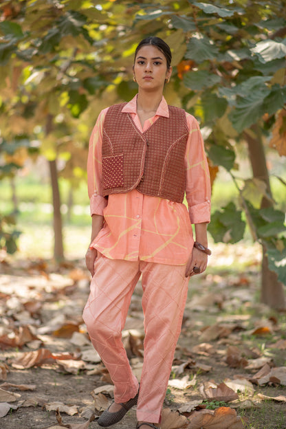 Light Brown Reversible Sleeveless Jacket with Kantha Embroidery in Fusion Silk