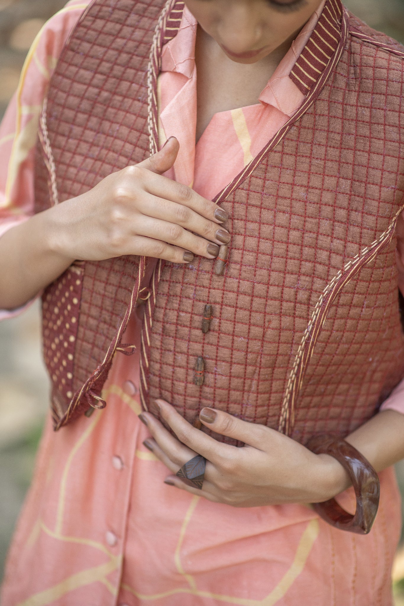 Light Brown Reversible Jacket with Kantha Embroidery (Both sides are shown in the mood shots)