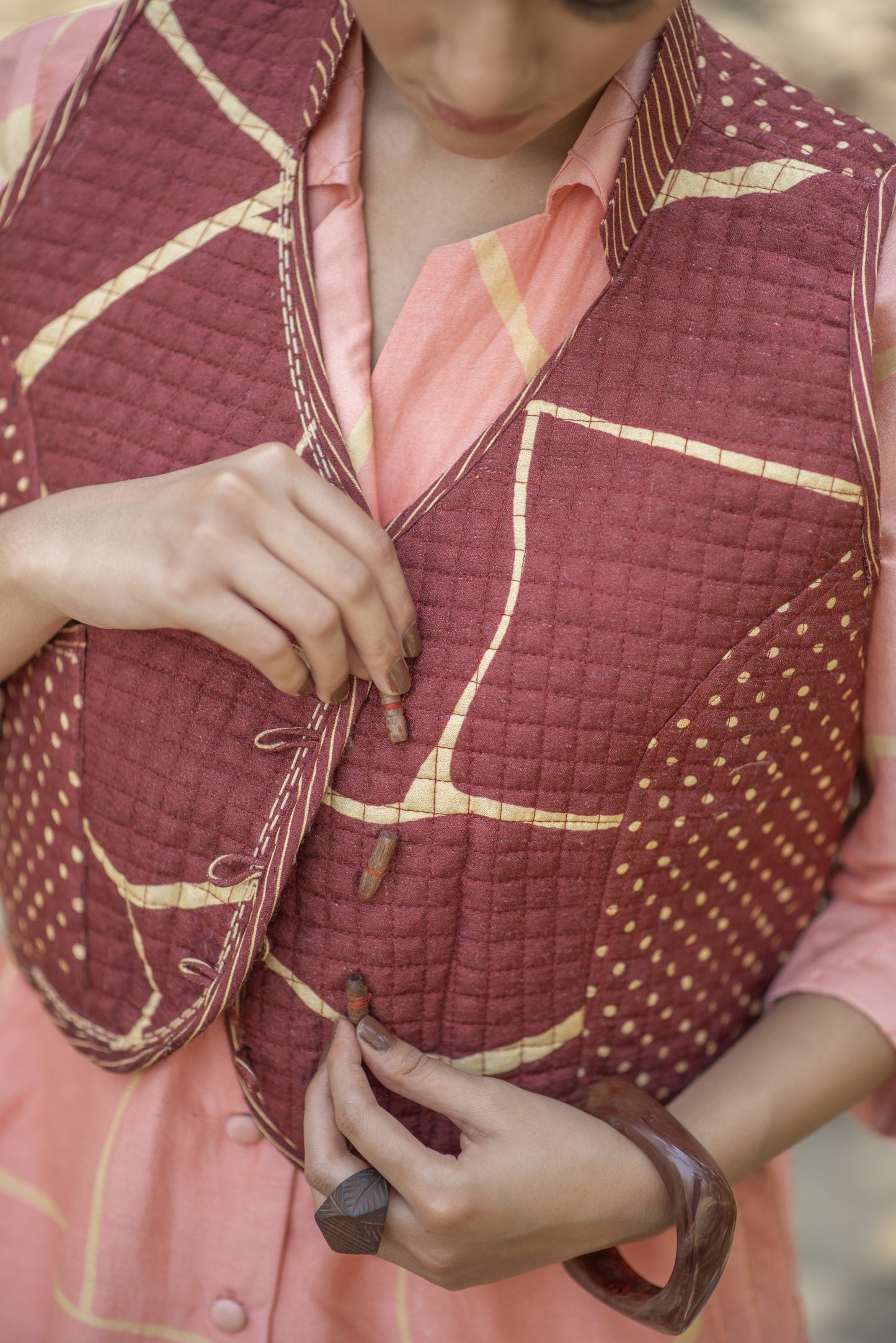 Light Brown Reversible Jacket with Kantha Embroidery (Both sides are shown in the mood shots)