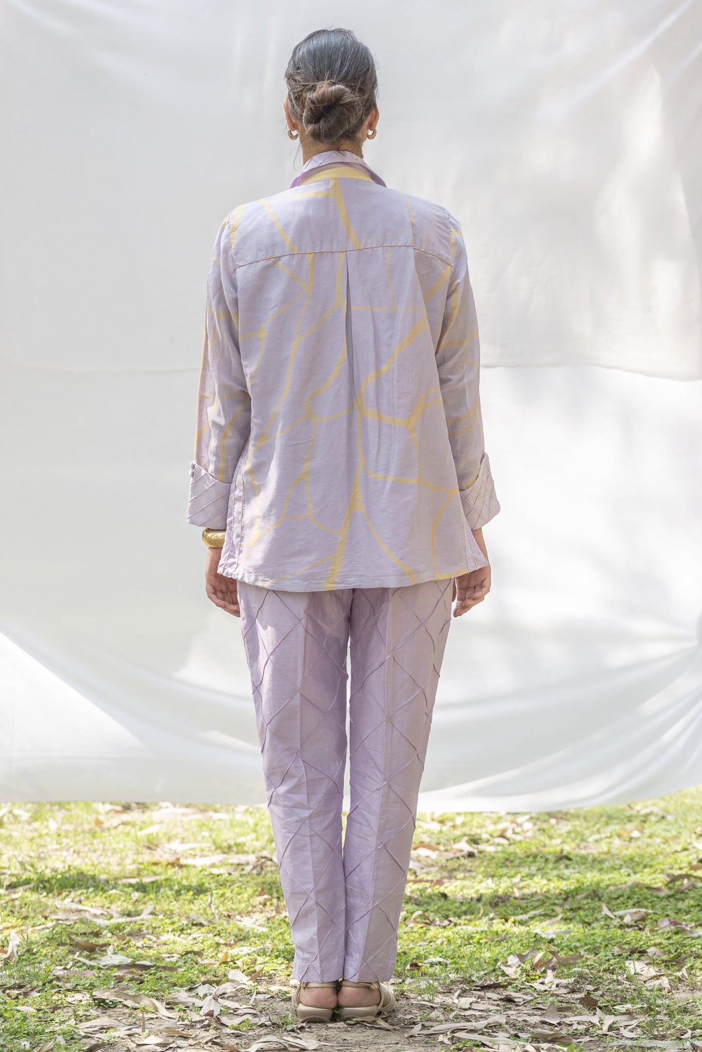 Lilac Chanderi Silk Co-Ord Set with Yellow Kintsugi Print & Kantha Embroidery