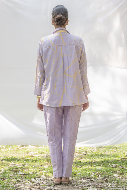 Lilac Chanderi Silk Co-Ord Set with Yellow Kintsugi Print & Kantha Embroidery