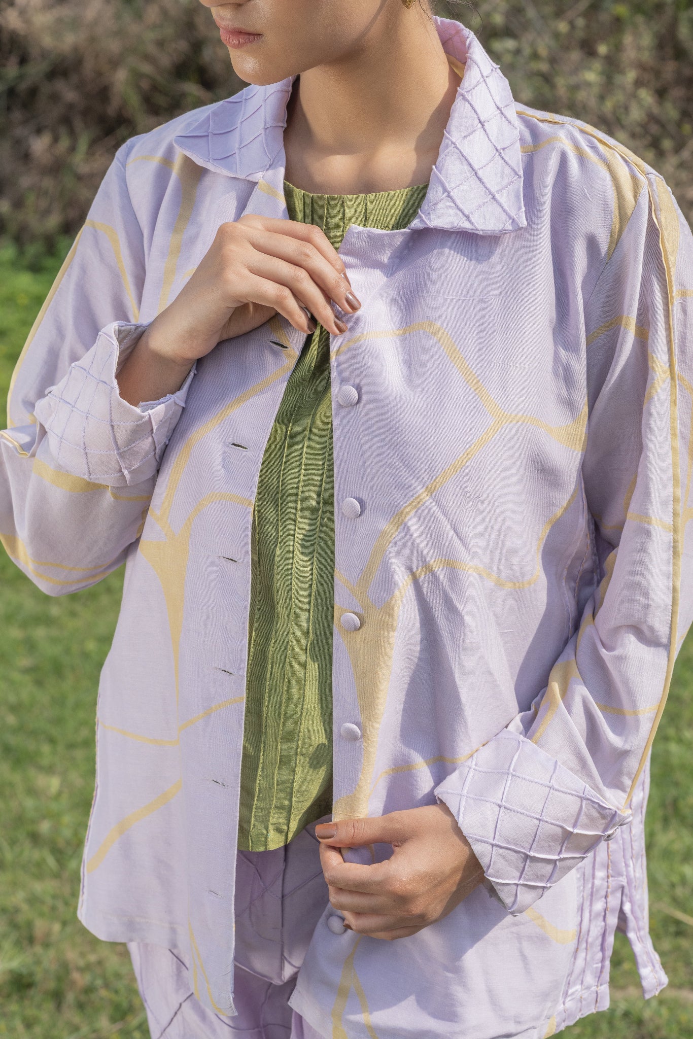 Lilac Chanderi Silk Co-Ord Set with Yellow Kintsugi Print & Kantha Embroidery