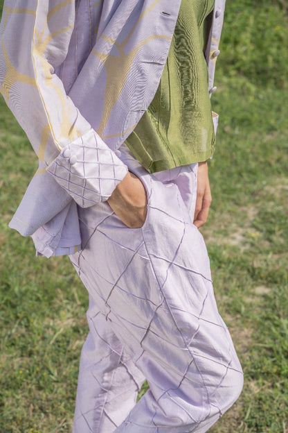 Lilac Chanderi Silk Co-Ord Set with Yellow Kintsugi Print & Kantha Embroidery
