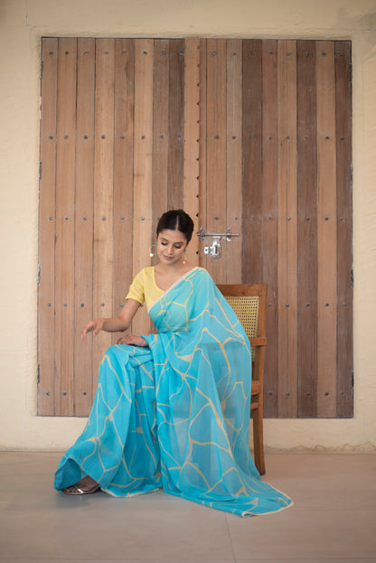 Turquoise Blue, Yellow Kintsugi Print Georgette Saree