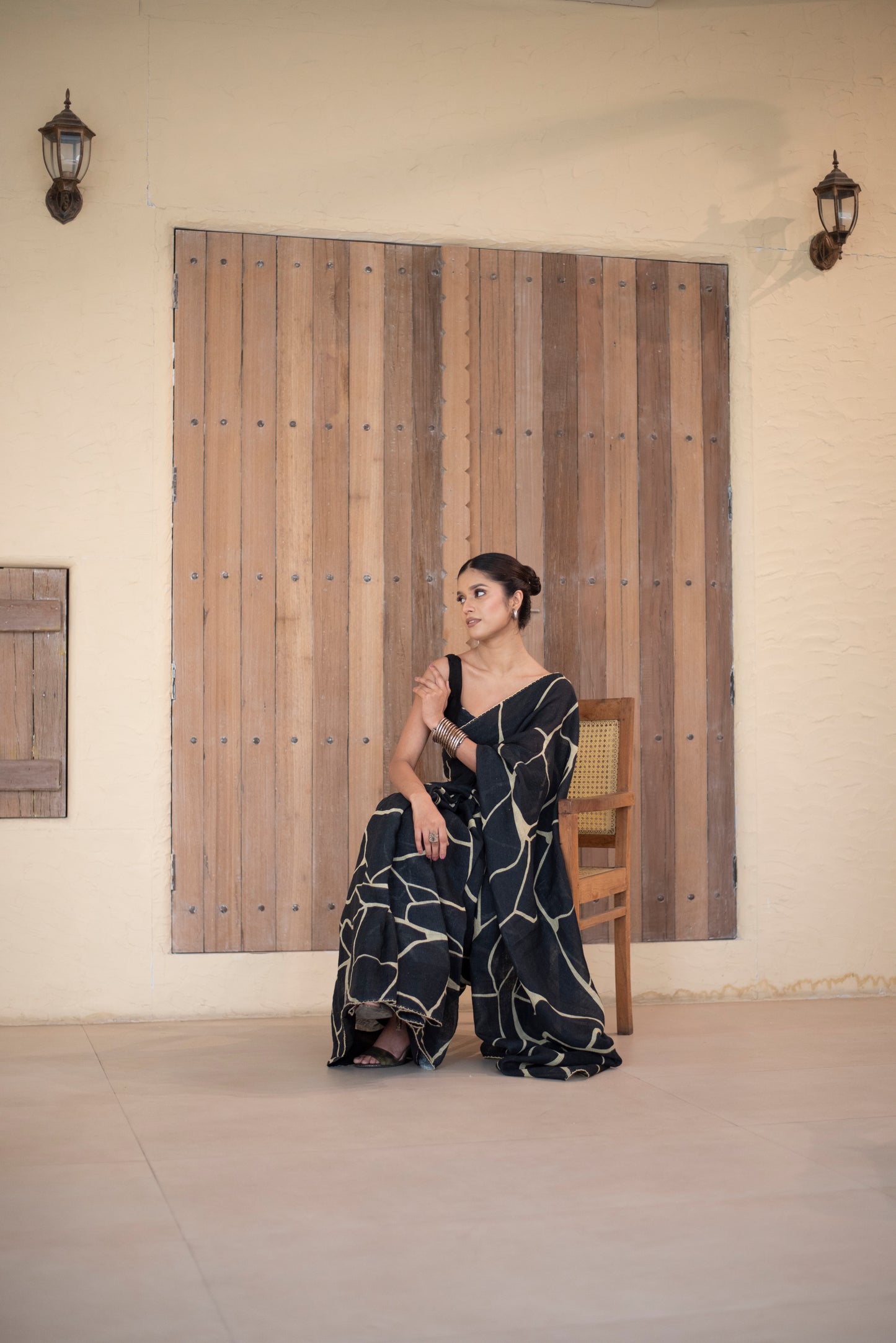 Black Kintsugi Yellow Print Gauze Linen Sari