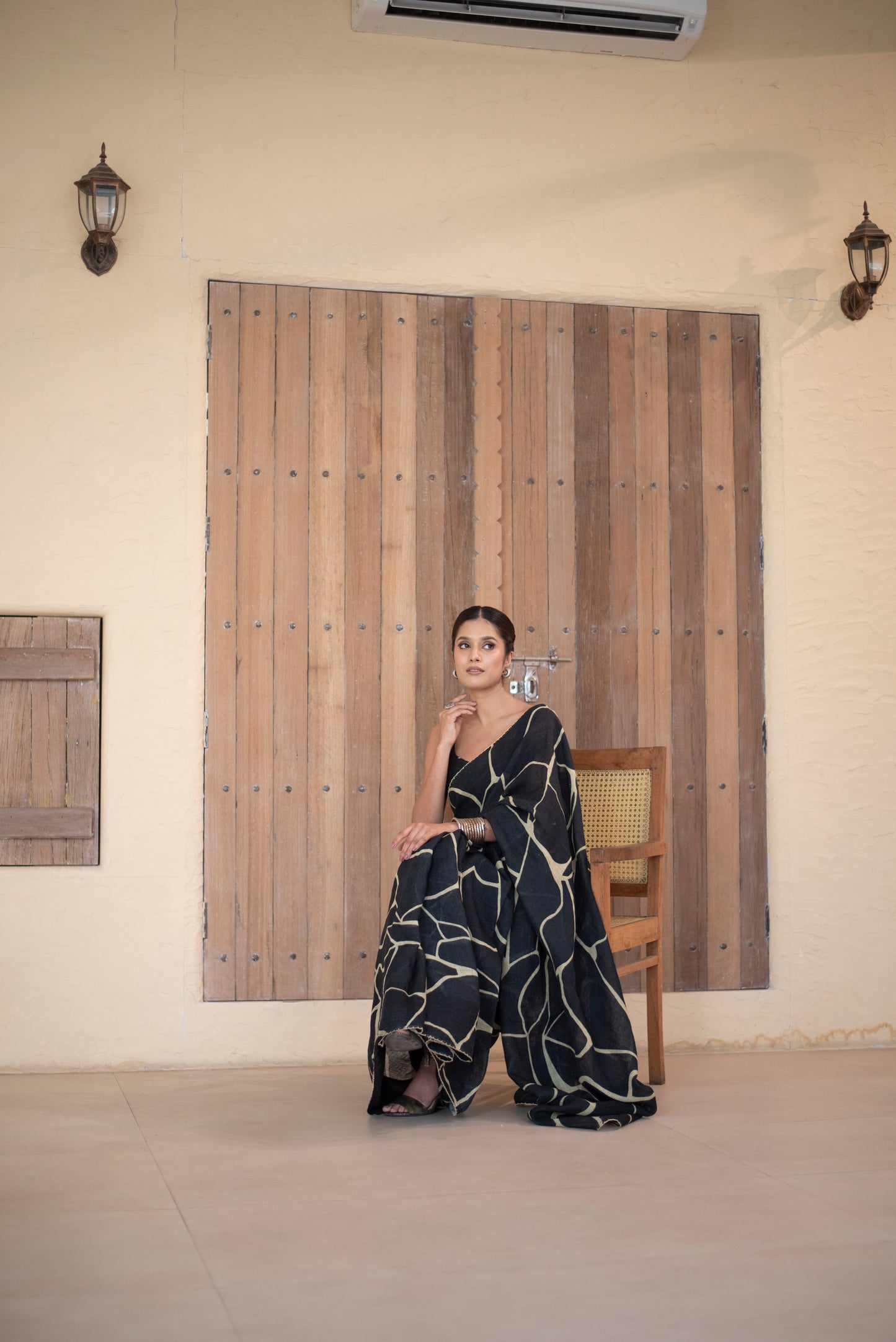 Black Kintsugi Yellow Print Gauze Linen Sari