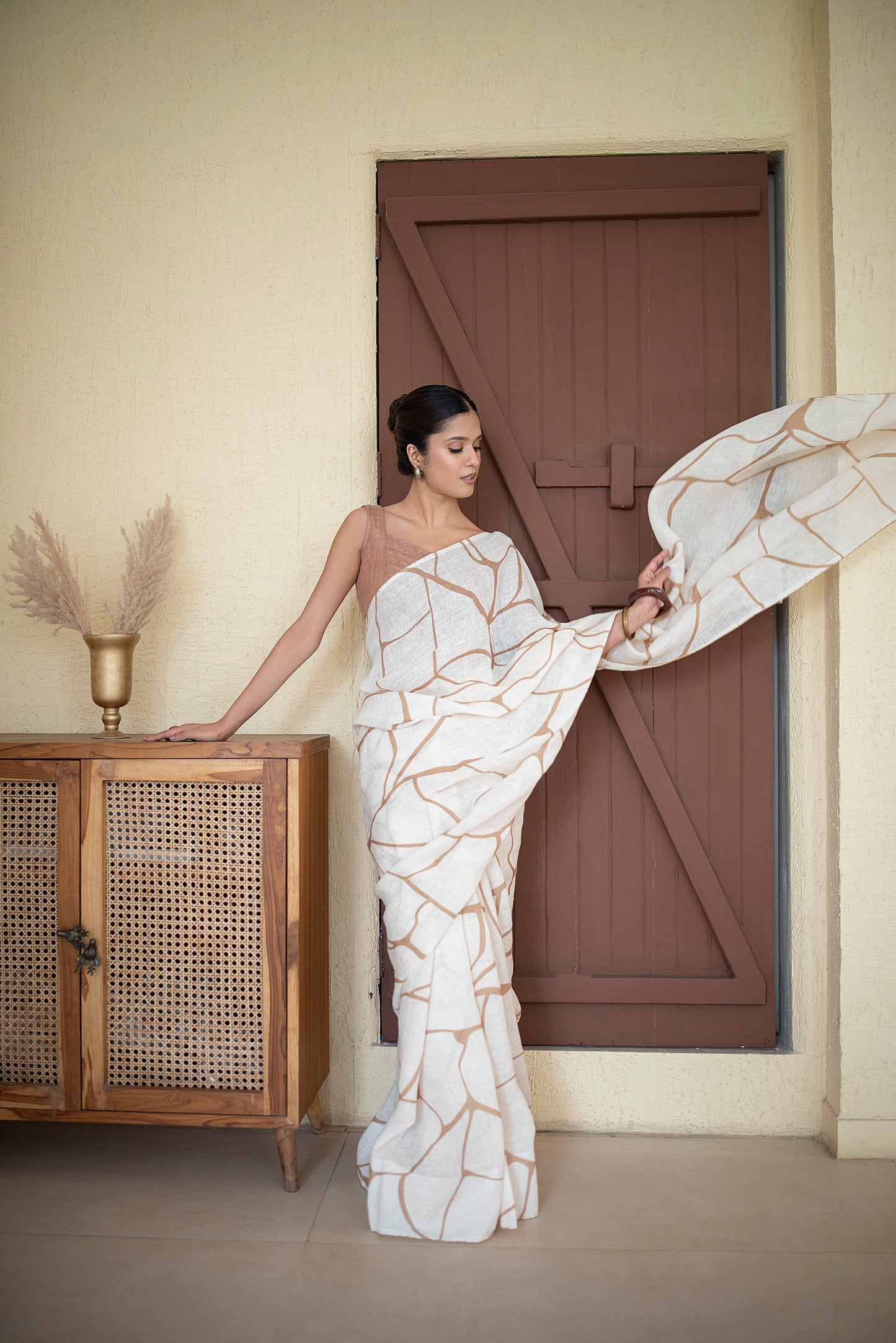 Off-white Gauze Linen Saree With Brown Print