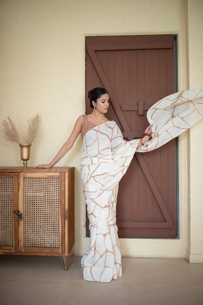 Off-white Gauze Linen Saree With Brown Print