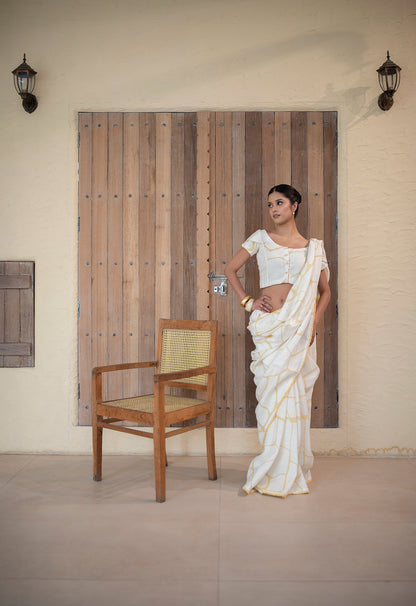 Ivory With Yellow Print Linen Sari With Kintsugi Print