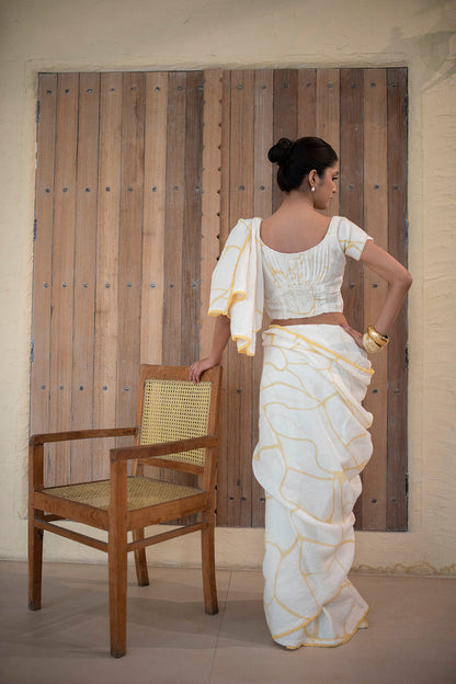 Ivory Yellow Print, Linen Blouse With Tulip Style Sleeves