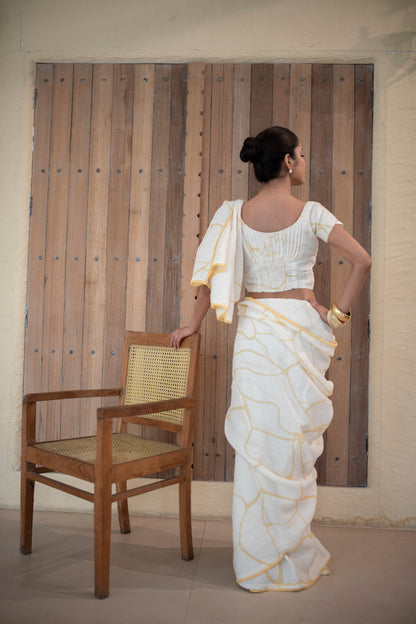 Ivory Linen Saree with Yellow Kintsugi Print