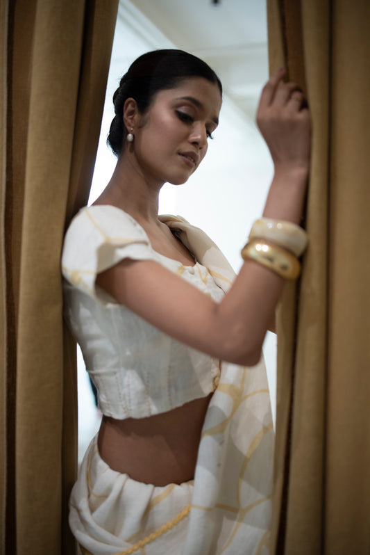 Ivory Yellow Print, Linen Blouse With Tulip Style Sleeves