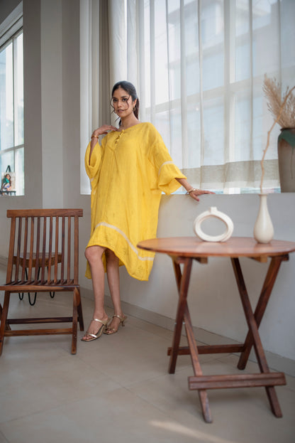 Mustard Yellow Gauze Linen Anti-fit Asymmetrical Dress