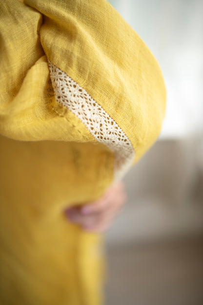 Mustard Yellow Gauze Linen Anti-fit Asymmetrical Dress