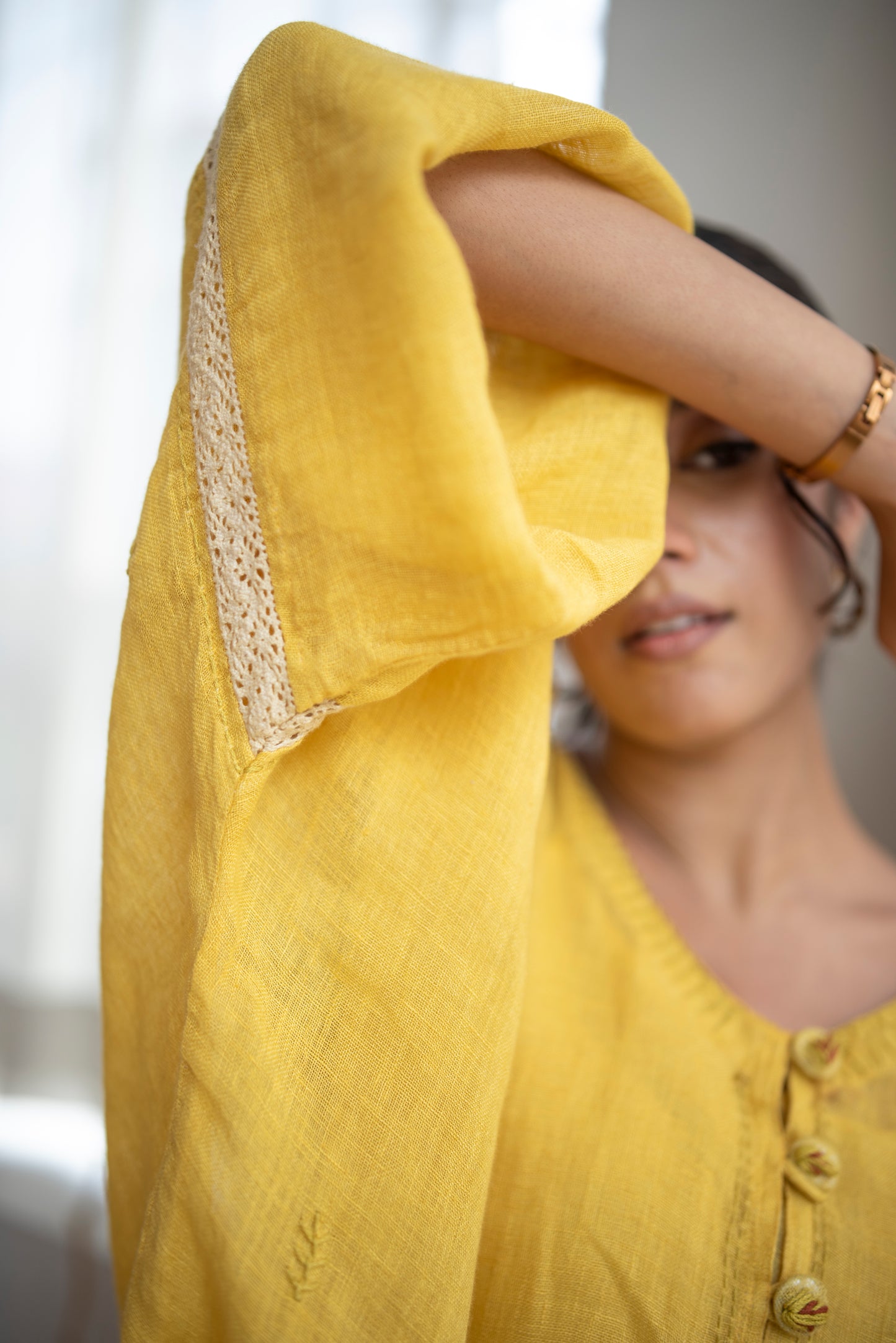 Mustard Yellow Gauze Linen Anti-fit Asymmetrical Dress