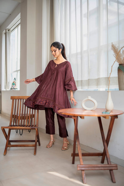 Plum Chanderi Silk Anti-fit Asymmetrical Co-ord Set