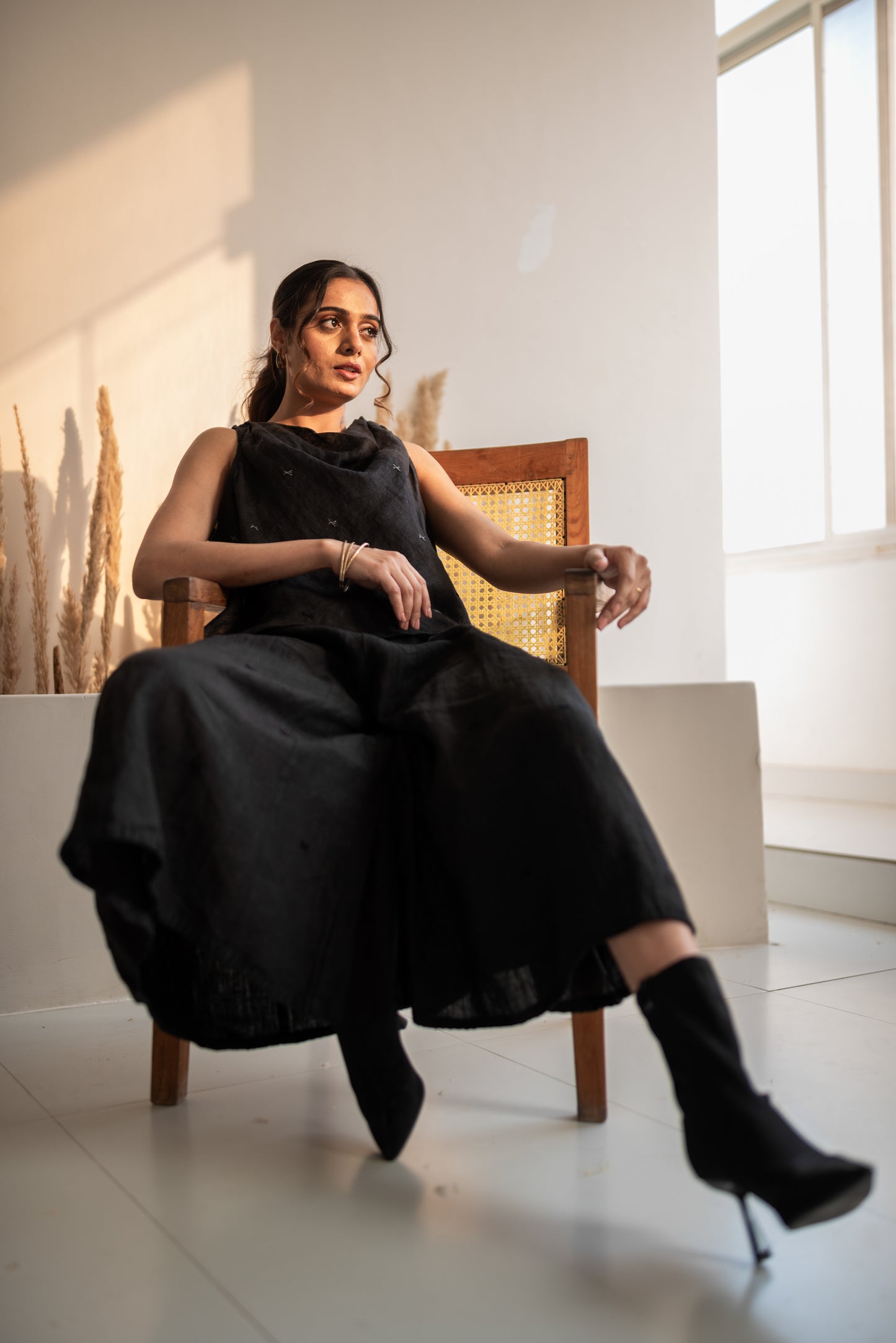 Gauze Linen Cowl Neck Top