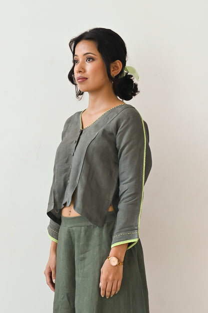 Olive Linen Embroidered Cropped Top