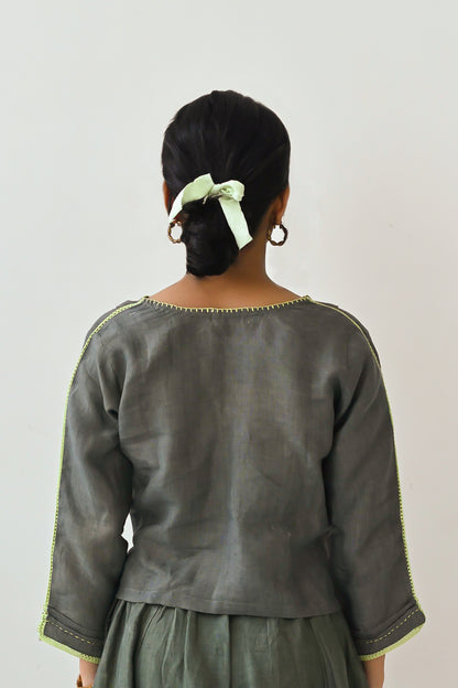 Olive Linen Embroidered Cropped Top