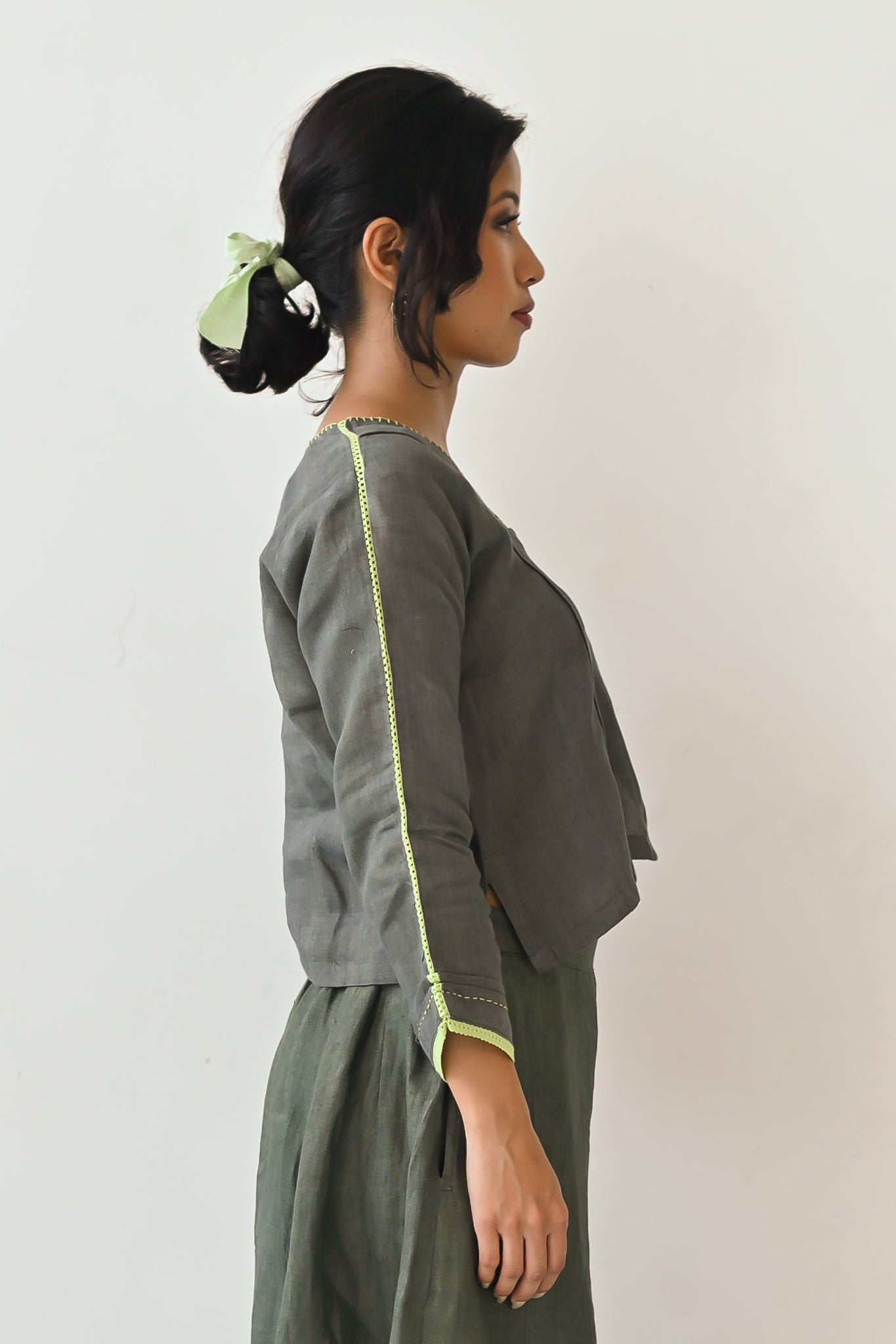 Olive Linen Embroidered Cropped Top