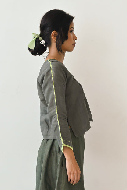 Olive Linen Embroidered Cropped Top