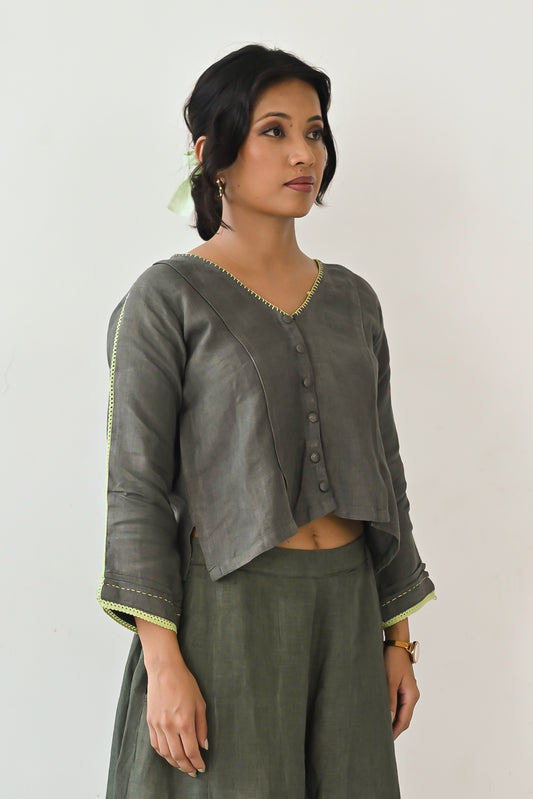 Olive Linen Embroidered Cropped Top