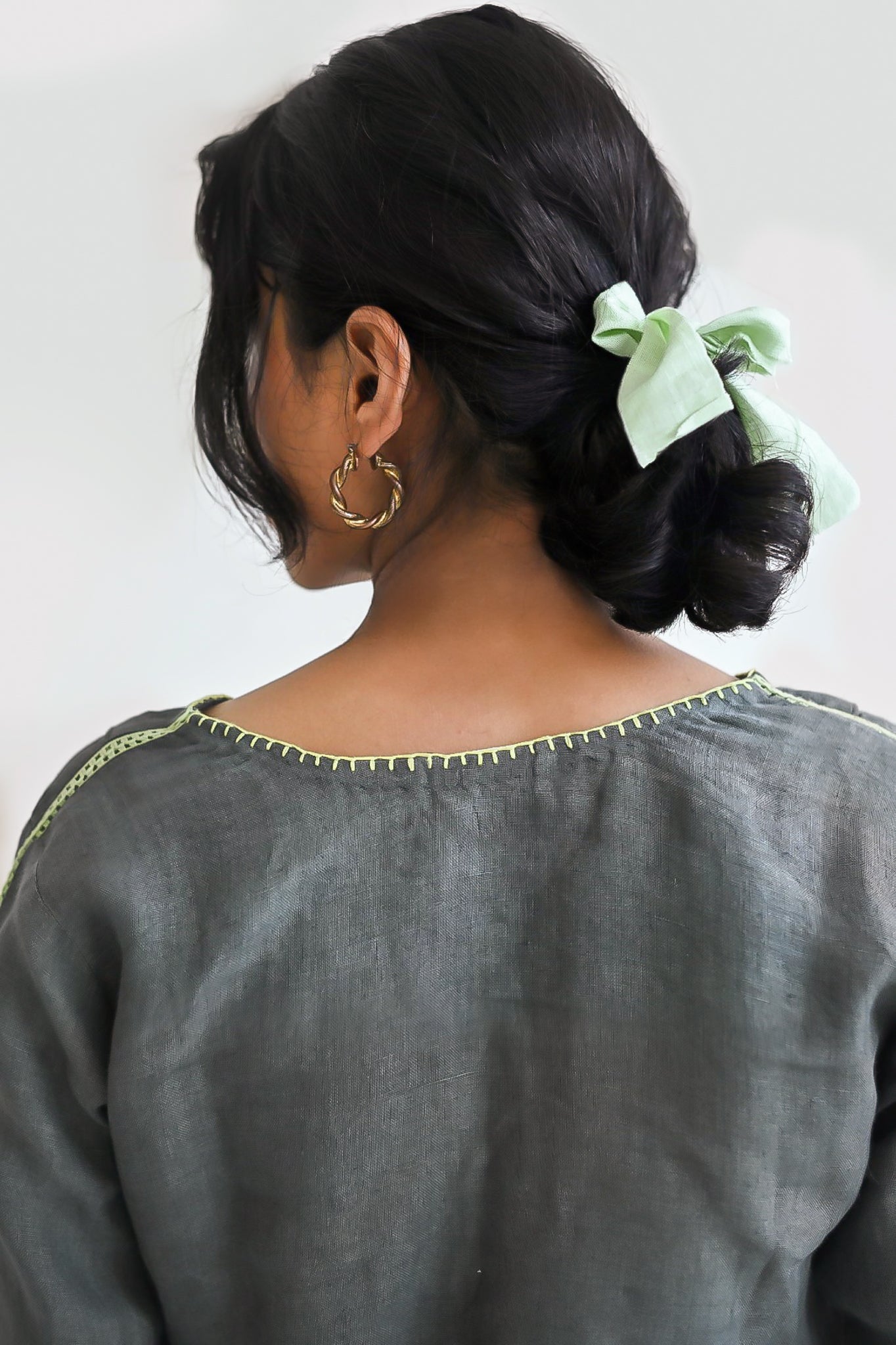 Olive Linen Embroidered Cropped Top